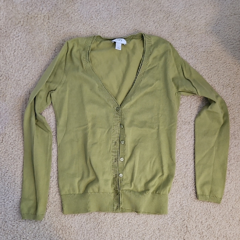 LOFT Green Cardigan Sweater V-Neck Lightweight